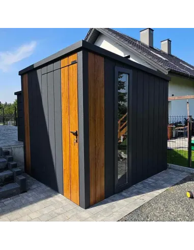 Metalowy Domek Narzędziowy Ogrodowy 300x200 cm - Antracytowy + Złoty Dąb