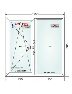 Okno PCV 150 x 150 cm Rozwierno-Uchylne - FIX Trzyszybowe Schüco LivIng 82 2