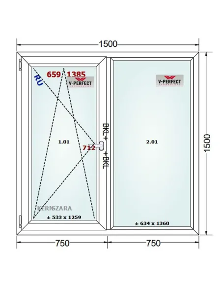 Okno PCV 150 x 150 cm Rozwierno-Uchylne - FIX Trzyszybowe Schüco LivIng 82