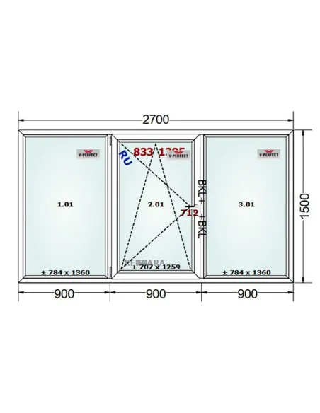 Okno PCV 270 x 150 cm FIX - Rozwierno-Uchylne - FIX Trzyszybowe Schüco LivIng 82