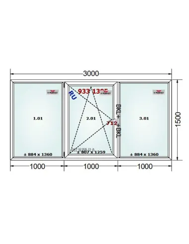 Okno PCV 300 x 150 cm FIX - Rozwierno-Uchylne - FIX Trzyszybowe Schüco LivIng 82