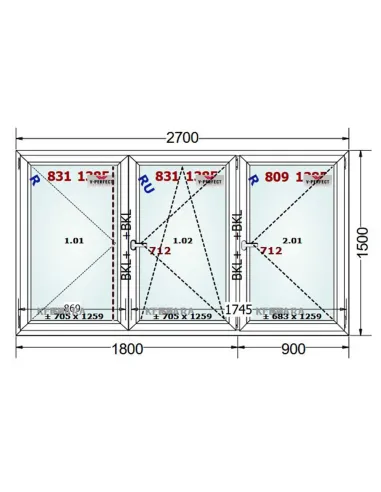 Okno PCV 270 x 150 cm Rozwierne - Rozwierno-Uchylne - Rozwierne Trzyszybowe Schüco LivIng 82