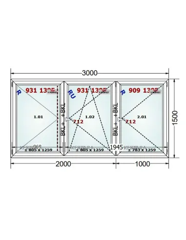 Okno PCV 300 x 150 cm Rozwierne - Rozwierno-Uchylne - Rozwierne Trzyszybowe Schüco LivIng 82
