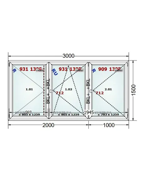 Okno PCV 300 x 150 cm Rozwierne - Rozwierno-Uchylne - Rozwierne Trzyszybowe Schüco LivIng 82