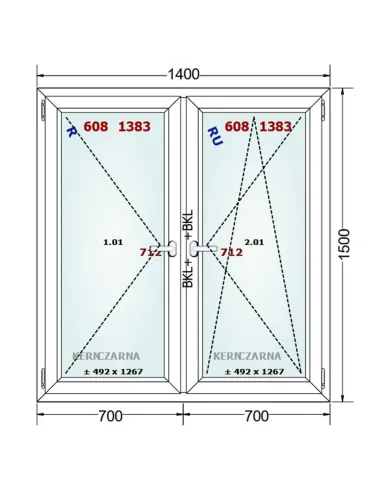 Okno PCV 140 x 150 cm Rozwierne-Rozwierno-Uchylne Dwuszybowe Gealan S 8000