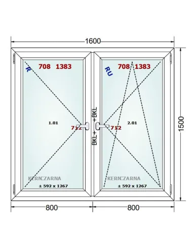 Okno PCV 160 x 150 cm Rozwierne-Rozwierno-Uchylne Dwuszybowe Gealan S 8000