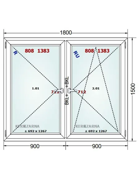 Okno PCV 180 x 150 cm Rozwierne-Rozwierno-Uchylne Dwuszybowe Gealan S 8000