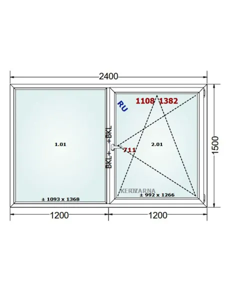 Okno PCV 240 x 150 cm Rozwierne-Rozwierno-Uchylne Dwuszybowe Gealan S 8000