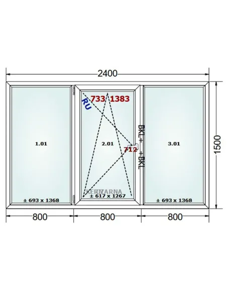 Okno PCV 240 x 150 cm FIX-Rozwierno-Uchylne-FIX Dwuszybowe Gealan S 8000