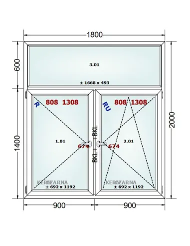 Okno PCV 180 x 200 cm FIX-Rozwierne-Rozwierno-Uchylne Dwuszybowe Gealan S 8000