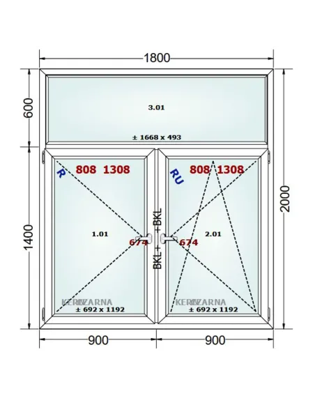 Okno PCV 180 x 200 cm FIX-Rozwierne-Rozwierno-Uchylne Dwuszybowe Gealan S 8000