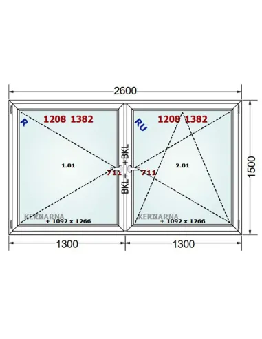 Okno PCV 260 x 150 cm Rozwierne-Rozwierno-Uchylne Dwuszybowe Gealan S 8000