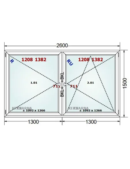 Okno PCV 260 x 150 cm Rozwierne-Rozwierno-Uchylne Dwuszybowe Gealan S 8000