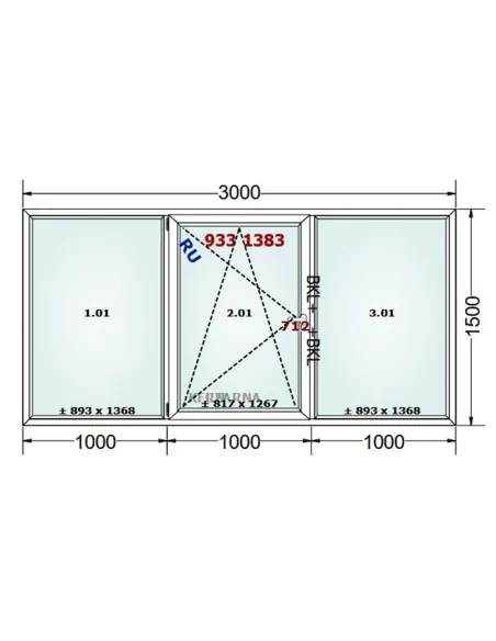 Okno PCV 300 x 150 cm FIX-Rozwierno-Uchylne-FIX Dwuszybowe Gealan S 8000