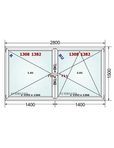 Okno PCV 280 x 150 cm Rozwierne-Rozwierno-Uchylne Dwuszybowe Gealan S 8000
