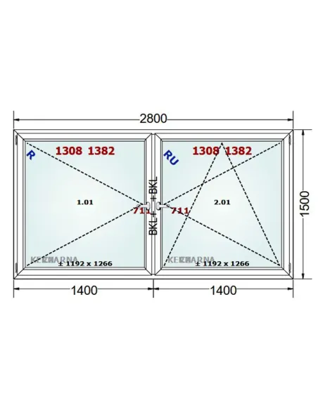 Okno PCV 280 x 150 cm Rozwierne-Rozwierno-Uchylne Dwuszybowe Gealan S 8000