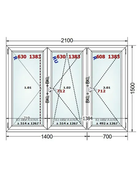 Okno PCV 210 x 150 cm Rozwierne-Rozwierno-Uchylne-Rozwierne Dwuszybowe Gealan S 8000