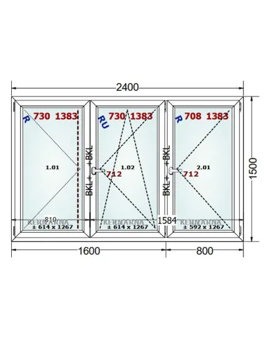Okno PCV 240 x 150 cm Rozwierne-Rozwierno-Uchylne-Rozwierne Dwuszybowe Gealan S 8000