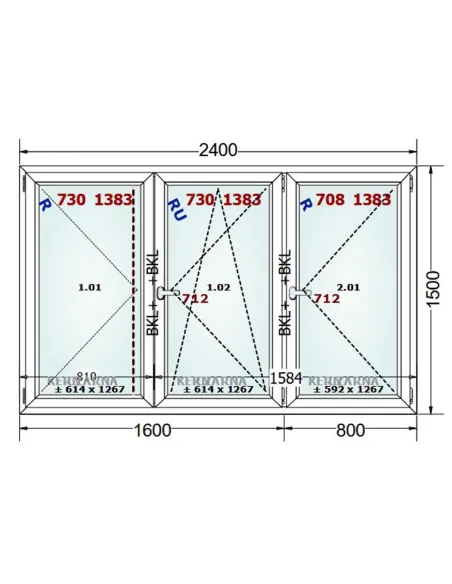 Okno PCV 240 x 150 cm Rozwierne-Rozwierno-Uchylne-Rozwierne Dwuszybowe Gealan S 8000