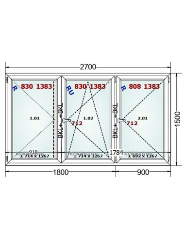 Okno PCV 270 x 150 cm Rozwierne-Rozwierno-Uchylne-Rozwierne Dwuszybowe Gealan S 8000