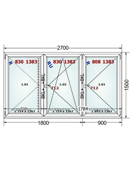 Okno PCV 270 x 150 cm Rozwierne-Rozwierno-Uchylne-Rozwierne Dwuszybowe Gealan S 8000