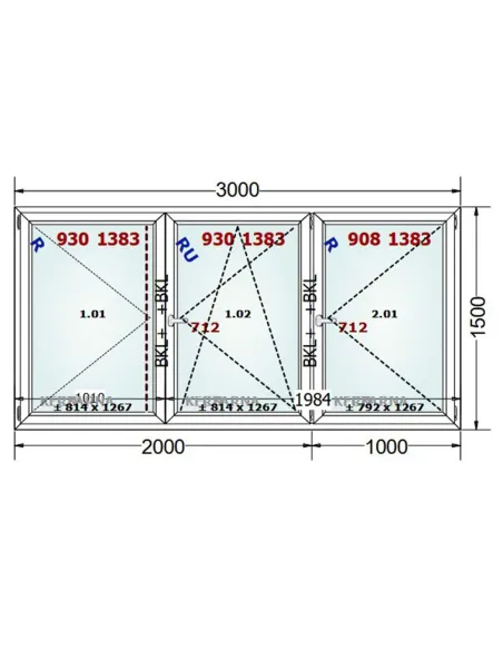 Okno PCV 300 x 150 cm Rozwierne-Rozwierno-Uchylne-Rozwierne Dwuszybowe Gealan S 8000