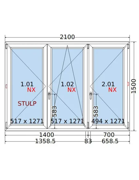 Okno PCV 210x150 cm Rozwierne-Rozwierno-Uchylne-Rozwierne Dwuszybowe Decco EkoSun 6