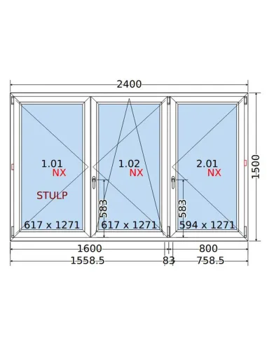 Okno PCV 240x150 cm Rozwierne-Rozwierno-Uchylne-Rozwierne Dwuszybowe Decco EkoSun 6