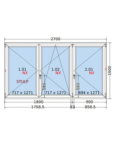 Okno PCV 270x150 cm Rozwierne-Rozwierno-Uchylne-Rozwierne Dwuszybowe Decco EkoSun 6