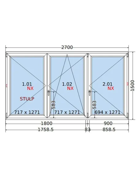Okno PCV 270x150 cm Rozwierne-Rozwierno-Uchylne-Rozwierne Dwuszybowe Decco EkoSun 6