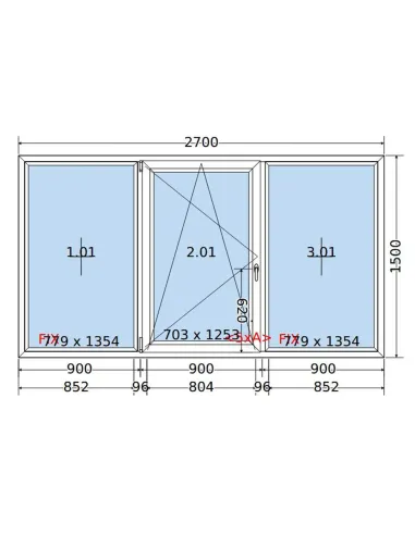 Okno PCV 270 x 150 cm FIX-Rozwierno-Uchylne-FIX Trzyszybowe Salamander BluEvolution 82