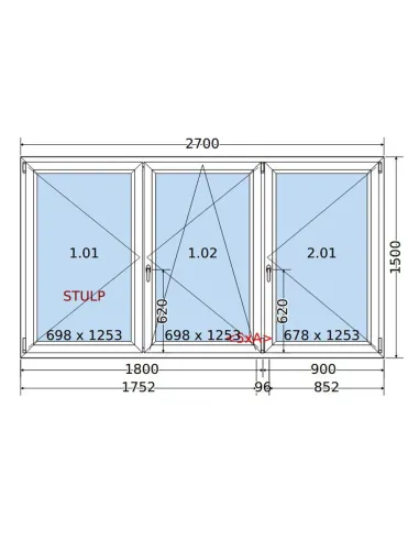 Okno PCV 270 x 150 cm Rozwierne-Rozwierno-Uchylne-Rozwierne Trzyszybowe Salamander BluEvolution 82