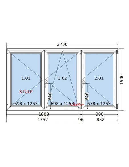 Okno PCV 270 x 150 cm Rozwierne-Rozwierno-Uchylne-Rozwierne Trzyszybowe Salamander BluEvolution 82