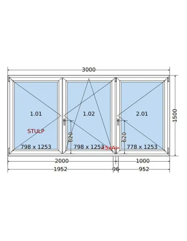 Okno PCV 300 x 150 cm Rozwierne-Rozwierno-Uchylne-Rozwierne Trzyszybowe Salamander BluEvolution 82
