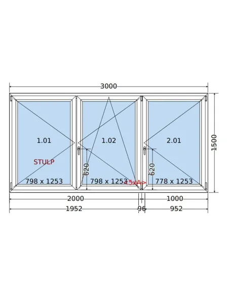 Okno PCV 300 x 150 cm Rozwierne-Rozwierno-Uchylne-Rozwierne Trzyszybowe Salamander BluEvolution 82