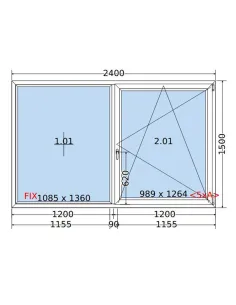 Okno PCV 240 x 150 cm FIX-Rozwierno-Uchylne Dwuszybowe Salamander GreenEvolution 76 2