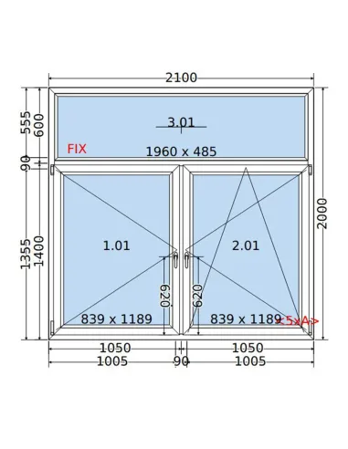 Okno PCV 210 x 200 cm FIX-Rozwierne-Rozwierno-Uchylne Dwuszybowe Salamander GreenEvolution 76
