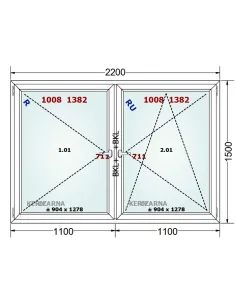 Okno PCV 220 x 150 cm Rozwierne-Rozwierno-Uchylne Trzyszybowe Gealan Linear 2