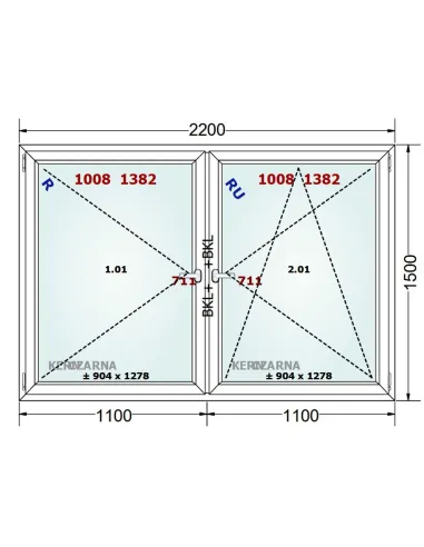 Okno PCV 220 x 150 cm Rozwierne-Rozwierno-Uchylne Trzyszybowe Gealan Linear