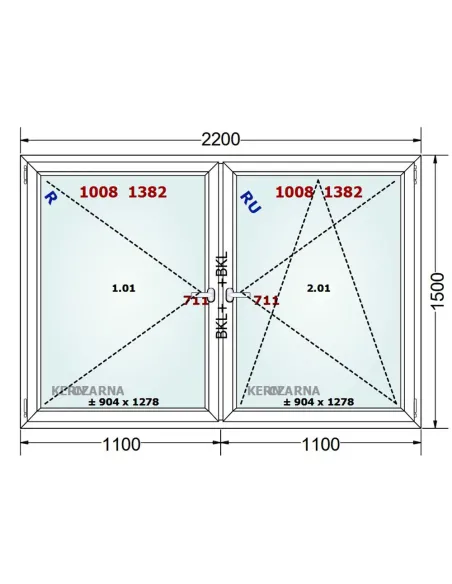 Okno PCV 220 x 150 cm Rozwierne-Rozwierno-Uchylne Trzyszybowe Gealan Linear