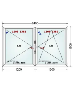 Okno PCV 240 x 150 cm Rozwierne-Rozwierno-Uchylne Trzyszybowe Gealan Linear 2