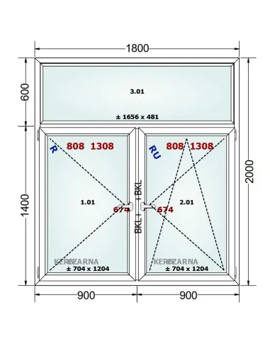 Okno PCV 180 x 200 cm FIX-Rozwierne-Rozwierno-Uchylne Trzyszybowe Gealan Linear