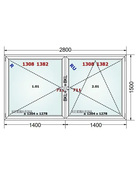 Okno PCV 280 x 150 cm Rozwierne-Rozwierno-Uchylne Trzyszybowe Gealan Linear