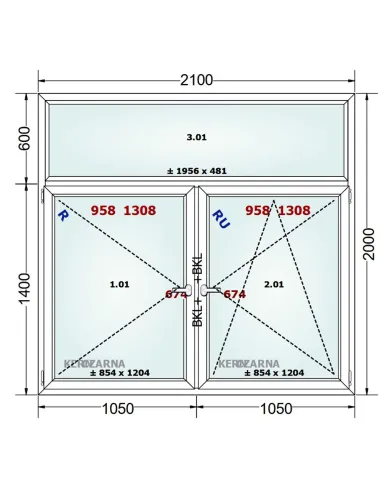 Okno PCV 210 x 200 cm FIX-Rozwierne-Rozwierno-Uchylne Trzyszybowe Gealan Linear