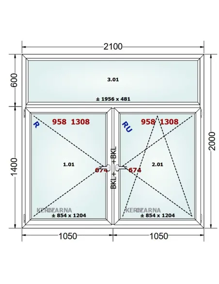 Okno PCV 210 x 200 cm FIX-Rozwierne-Rozwierno-Uchylne Trzyszybowe Gealan Linear