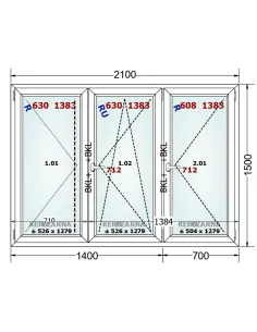 Okno PCV 210 x 150 cm Rozwierne-Rozwierno-Uchylne-Rozwierne Trzyszybowe Gealan Linear 2
