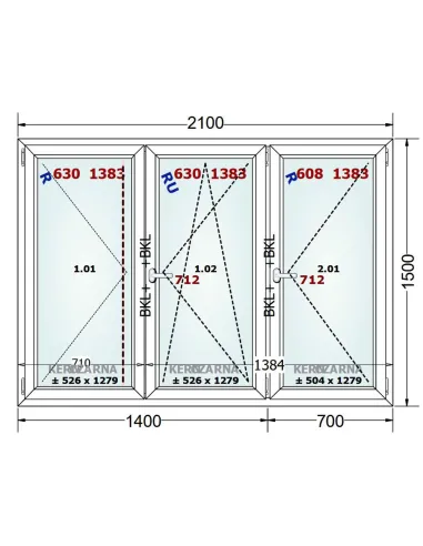 Okno PCV 210 x 150 cm Rozwierne-Rozwierno-Uchylne-Rozwierne Trzyszybowe Gealan Linear