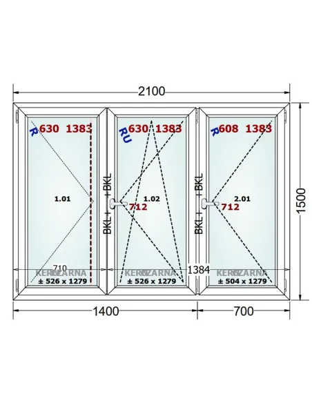 Okno PCV 210 x 150 cm Rozwierne-Rozwierno-Uchylne-Rozwierne Trzyszybowe Gealan Linear