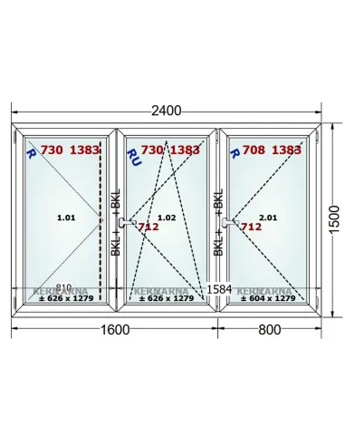 Okno PCV 240 x 150 cm Rozwierne-Rozwierno-Uchylne-Rozwierne Trzyszybowe Gealan Linear