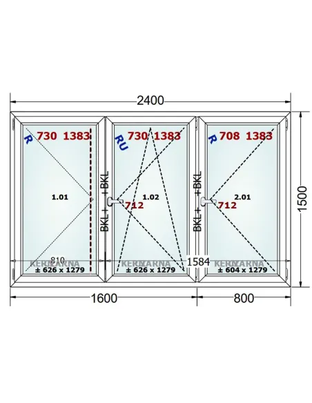 Okno PCV 240 x 150 cm Rozwierne-Rozwierno-Uchylne-Rozwierne Trzyszybowe Gealan Linear